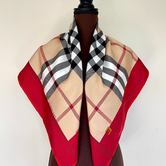 New Burberry Scarf Logo Iconic Beige Check Red Border Silk Wrap - Picture 11 of 15